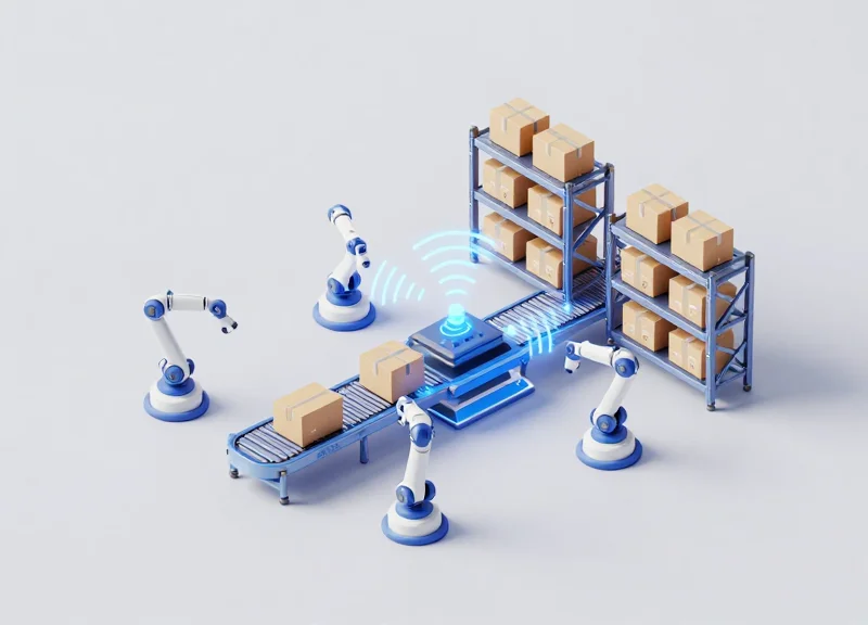 An isometric 3D illustration of a futuristic logistics hub with automated systems and glowing digital connections representing RFID technology.