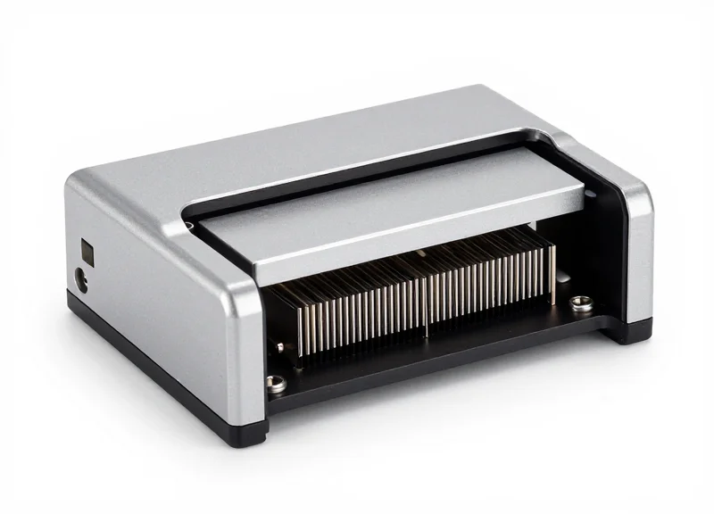 Close-up shot of an automated RFID card dispenser's internal mechanism and sleek housing.