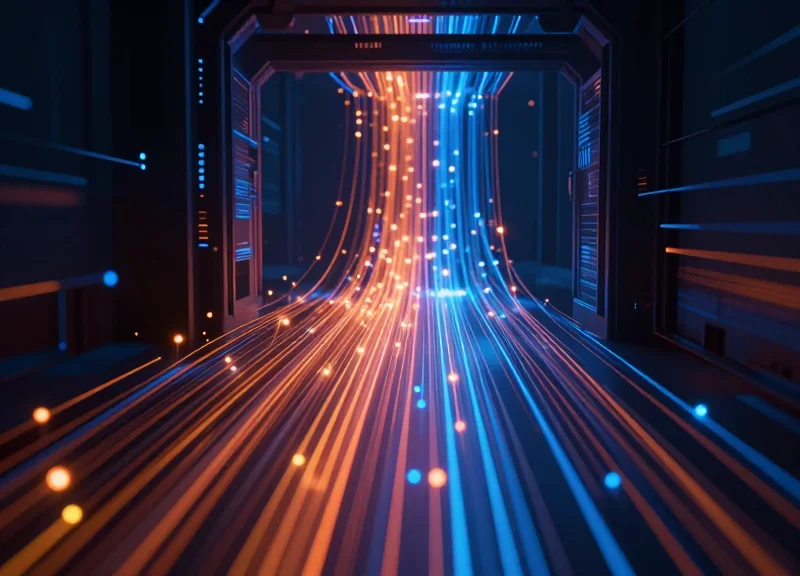 Abstract digital visualization of high-speed data and attendee flow through a gateway.