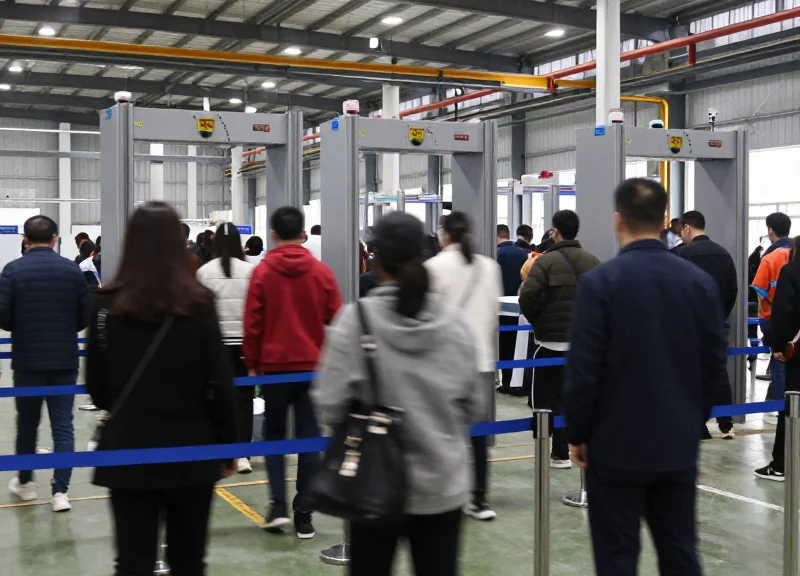A crowded security desk at a factory entrance with a long queue of workers waiting for manual badge verification, documentary photography style.
