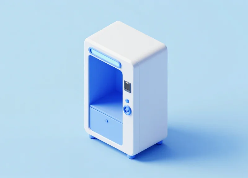Isometric 3D view of an automated RFID card recycling kiosk showing its modular hardware components and sleek modern design.