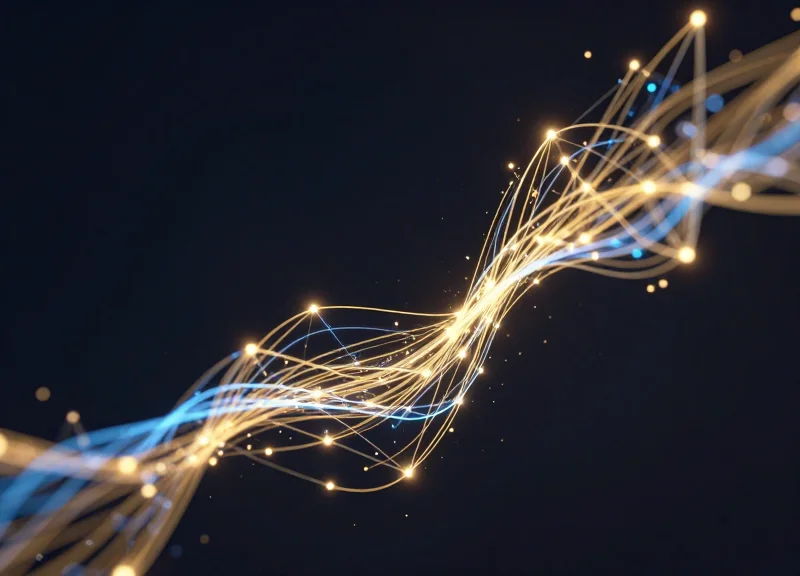 Abstract data visualization showing upward trending light trails and glowing nodes representing financial ROI and cost savings.