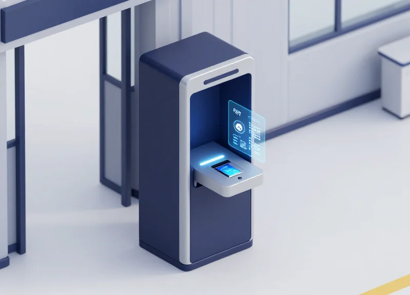 An isometric 3D illustration of a sleek, automated RFID card recycling kiosk at a modern factory entrance, showcasing modular design and a streamlined security process.