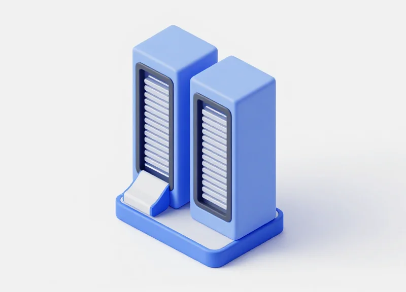 Isometric 3D model of a dual-hopper RFID card dispenser showing the internal mechanical structure.