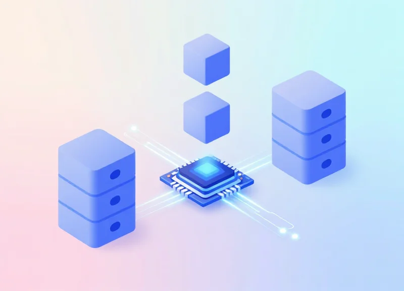 3D isometric illustration of a logic flow showing data moving between two hoppers and a central processing unit.