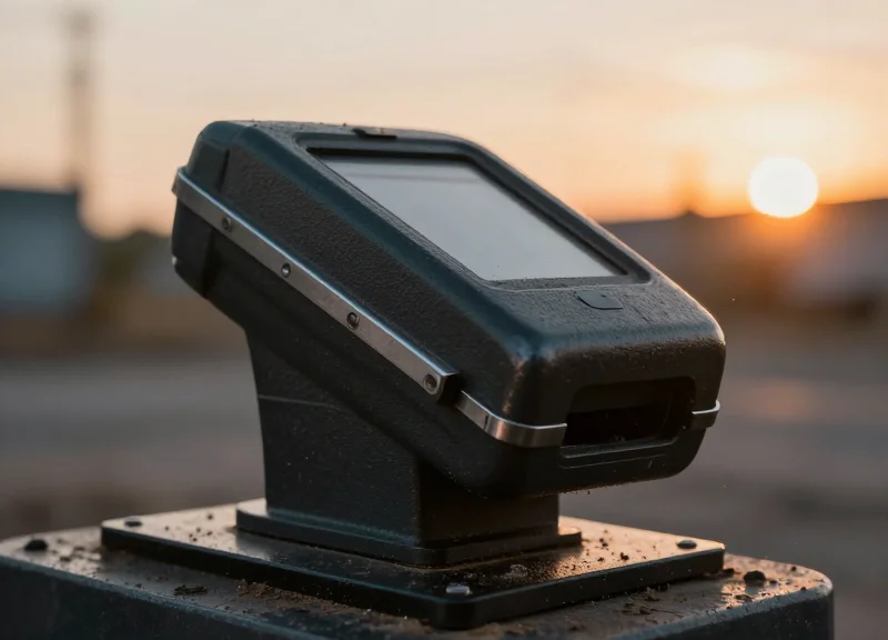 Close-up of a weather-sealed access control unit in a dusty outdoor environment, highlighting its protective casing.