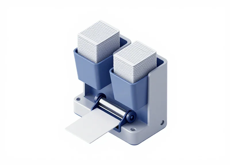 An isometric 3D illustration of a professional dual-hopper RFID card dispenser with neat stacks of access cards being processed smoothly in a technical environment.