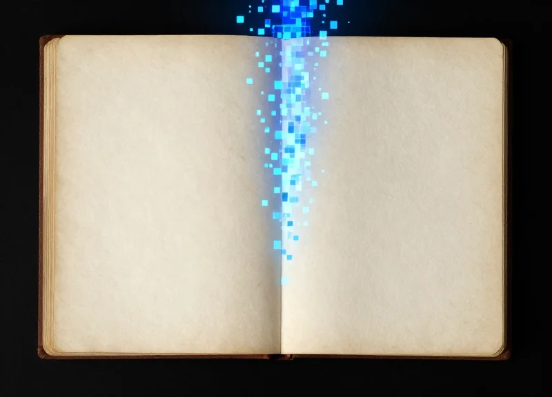 A surreal artistic representation of an old paper logbook dissolving into digital pixels