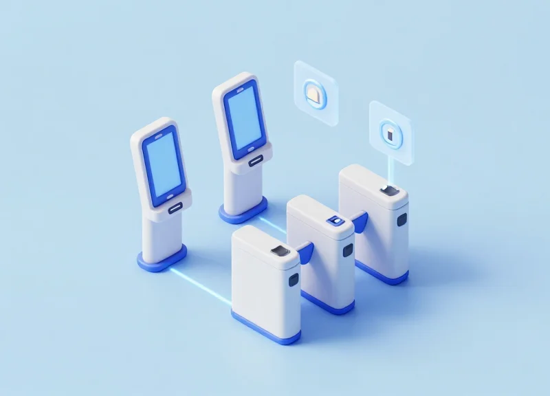 Isometric view of an autonomous visitor management system including kiosks and security gates