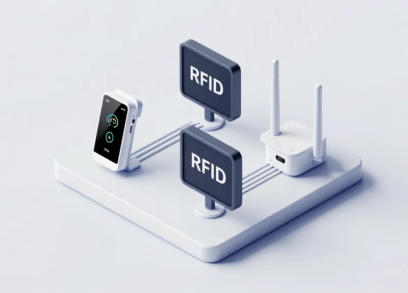 Isometric view of interconnected security systems including RFID and electronic tags