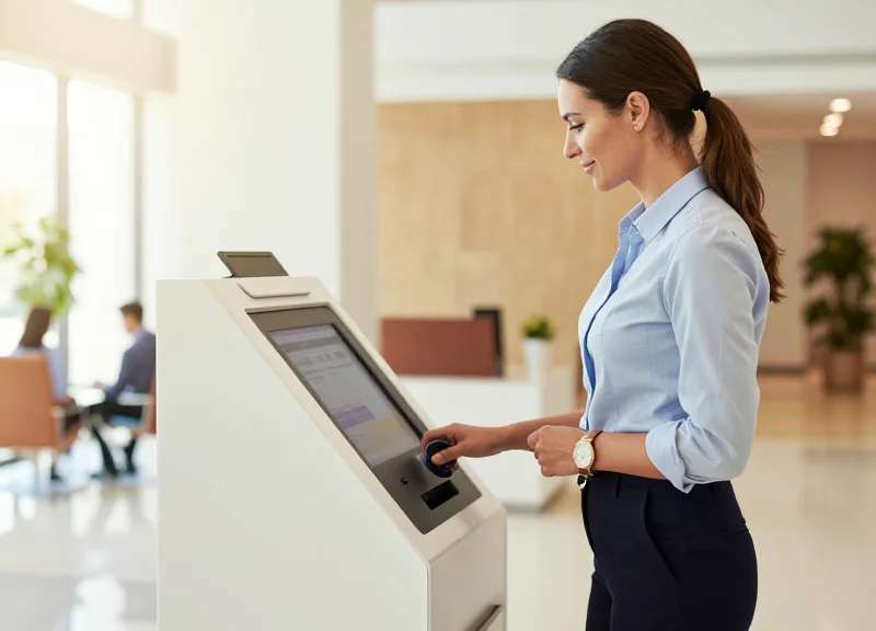 A visitor smiling while checking in at a sleek automated terminal