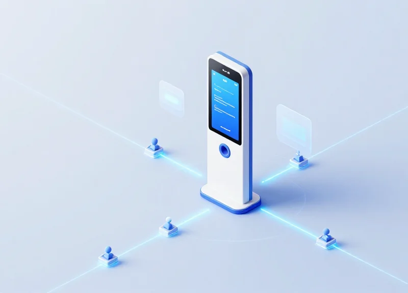 An isometric 3D illustration of a futuristic corporate entrance with a sleek touchless RFID terminal and glowing digital pathways representing autonomous visitor movement.