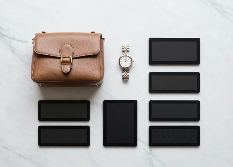 Flat lay of luxury accessories and electronic tags on a marble surface