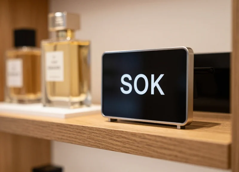 Close-up of a sleek electronic shelf label in a boutique setting