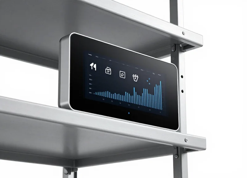 Modern electronic shelf label (ESL) device mounted on a metal library shelf