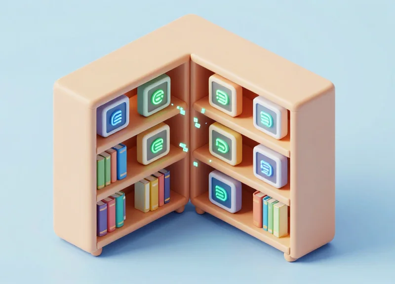 Isometric 3D view of a smart library shelf with glowing data links between books and labels