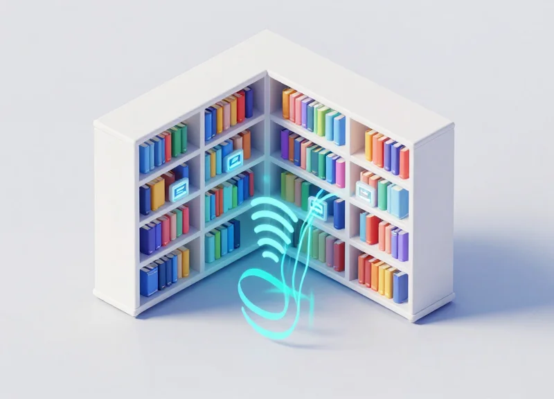 An isometric 3D illustration of a modern smart library aisle with digital shelf labels and glowing RFID signal lines connecting book stacks.