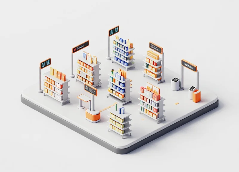 Isometric 3D illustration of a smart retail ecosystem showing RFID gates and electronic shelf labels integrated in a warehouse setting.