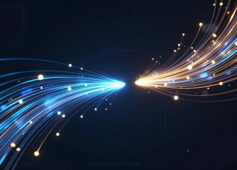 Abstract data flow visualization representing inbound and outbound RFID events with glowing light streams.