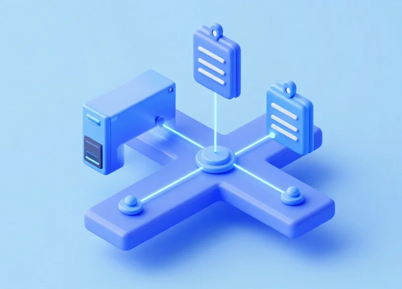 Modular 3D diagram of a RESTful API bridge connecting cloud data to physical retail displays.