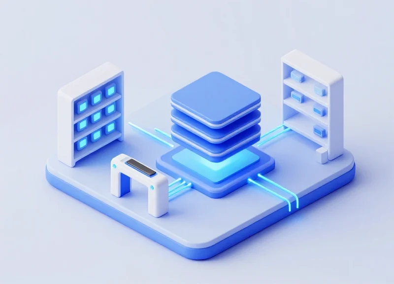 An isometric 3D illustration of a retail shelf with digital price tags connected to a central data node by glowing blue data streams, representing RFID and API integration.