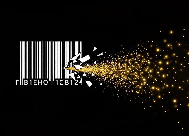 A conceptual illustration of a traditional barcode dissolving into digital light particles.