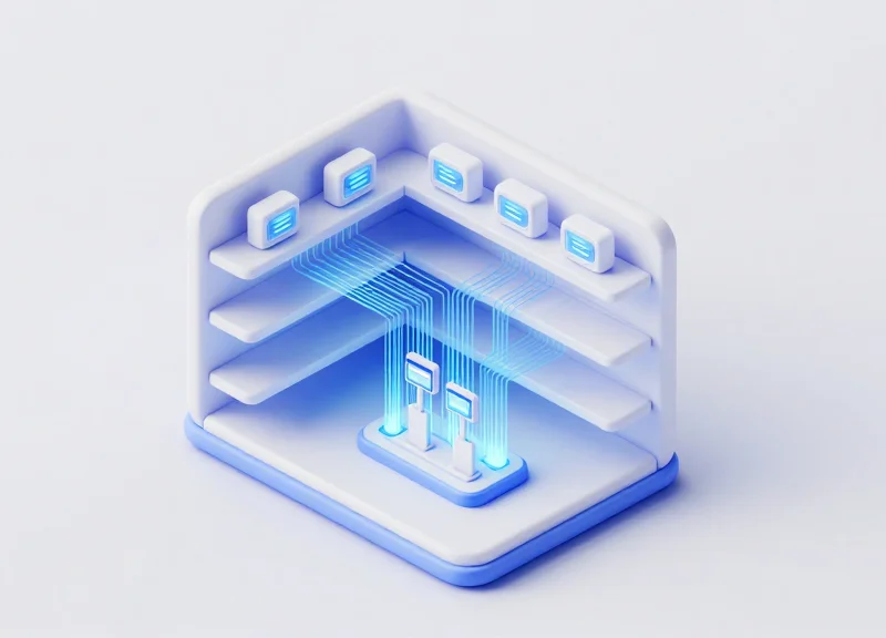 An isometric 3D model showing the connectivity between RFID antennas and electronic shelf labels in a retail setting.