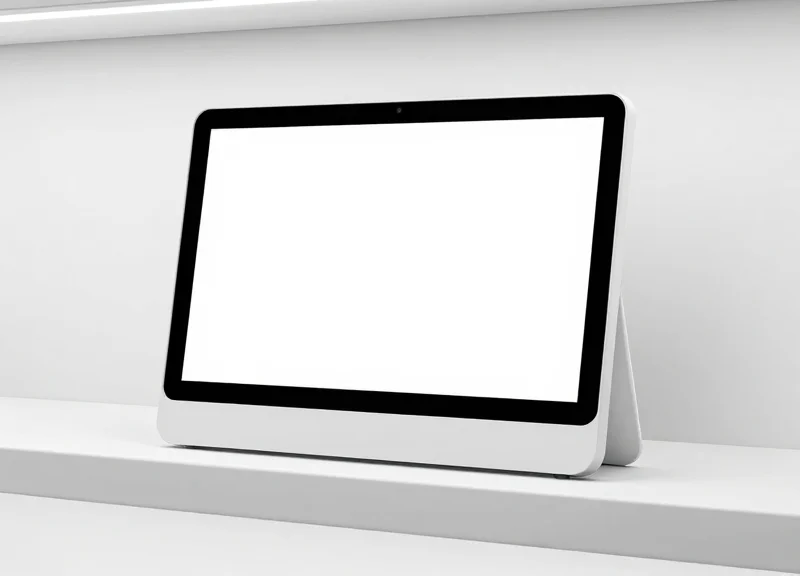 A professional product shot of a modern electronic shelf label on a clean background.