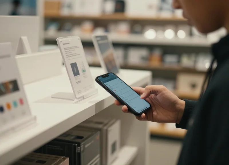 A modern shopper using a smartphone to interact with digital shelf displays in a futuristic store.