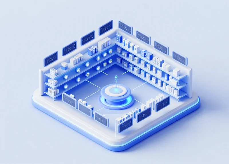 An isometric 3D miniature of a smart retail shelf with digital electronic labels and products connected by glowing data paths.