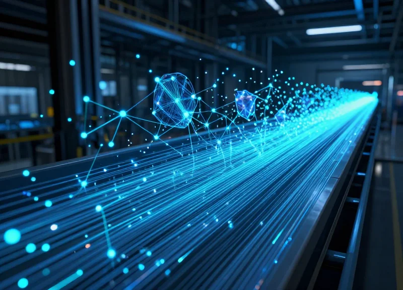 Abstract visualization of real-time asset tracking data flowing through a factory