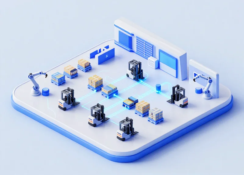 A modern isometric 3D illustration of a smart factory floor with miniature forklifts, shipping crates, and automated machinery connected by glowing blue light paths representing real-time tracking.