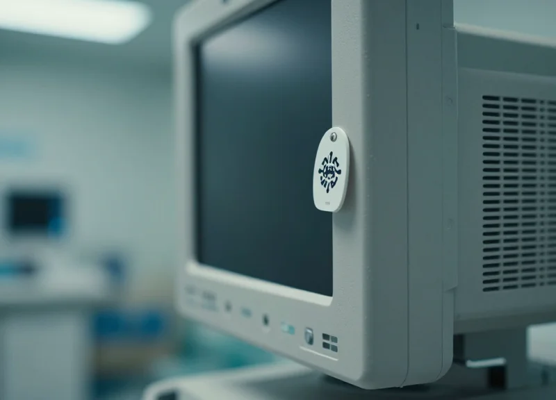 A close-up shot of a small RFID tag attached to a high-tech medical device in a professional healthcare setting.