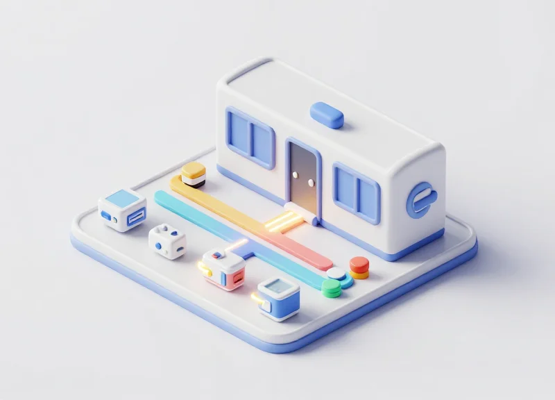 An isometric 3D illustration showing a hospital facility layout with color-coded equipment assets moving through a maintenance cycle.