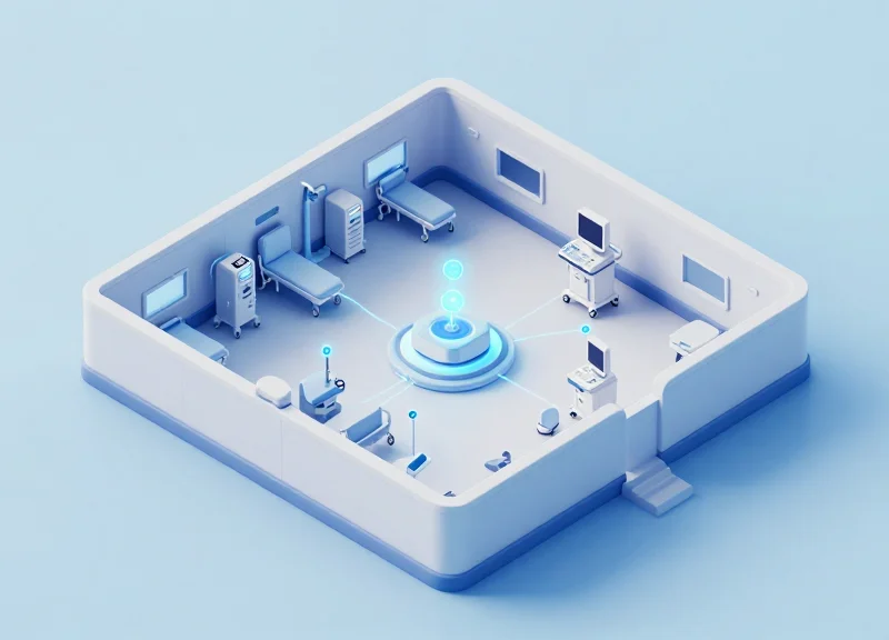 An isometric 3D illustration of a modern hospital floor layout with glowing blue icons representing tracked medical equipment and digital nodes, symbolizing high-accuracy asset management.