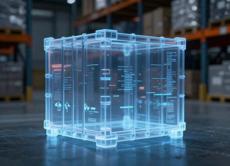 A semi-transparent, ghost-like industrial pallet in a modern warehouse setting, symbolizing a missing asset glitch.