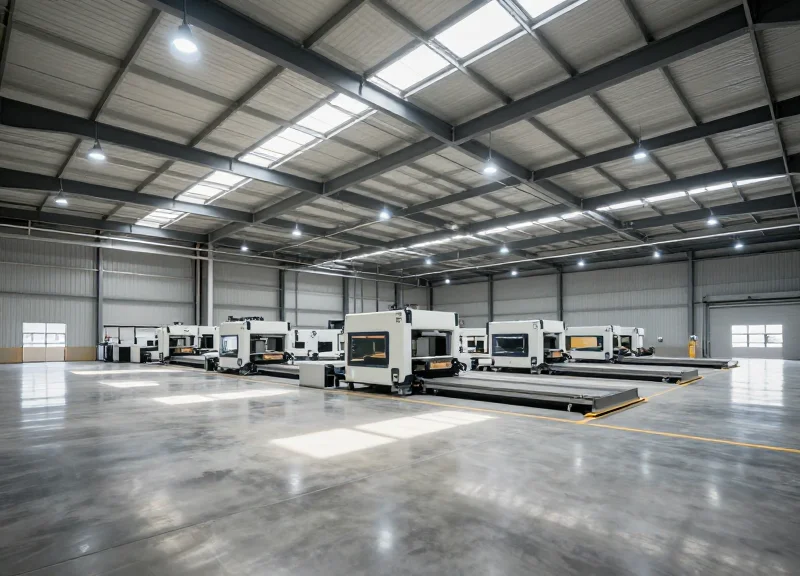 A wide-angle shot of a massive, high-tech modern warehouse with automated sorting systems and soft morning sunlight.