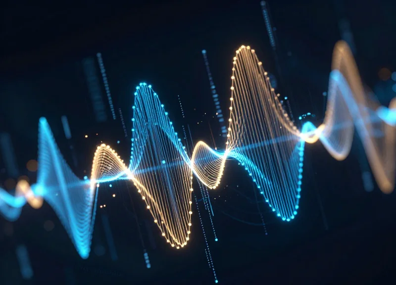 Abstract visualization of glowing radio frequency phase waves and digital data nodes in a dark space.