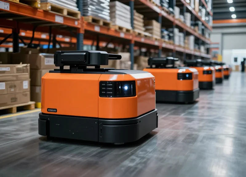 Fleet of automated guided vehicles moving through a warehouse with motion blur representing speed and orchestration.