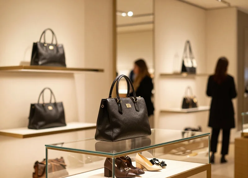 A high-end luxury boutique interior with designer bags on glass shelves and soft lighting representing modern retail environments.