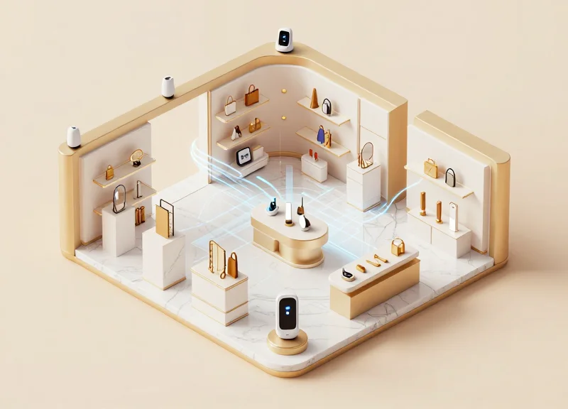An isometric 3D illustration of a luxury retail boutique featuring elegant display pedestals and integrated AI sensor nodes with glowing data connection lines.