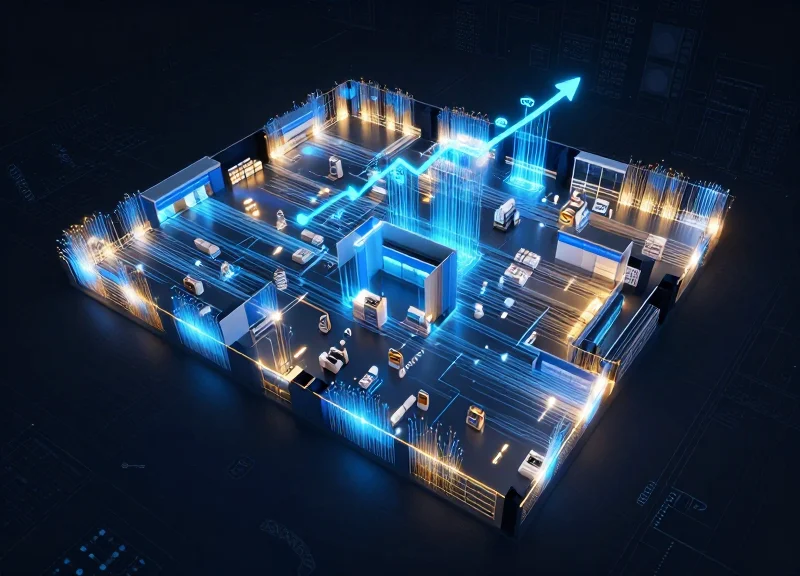 An abstract 3D visualization of a retail store floor plan with glowing digital nodes and flowing data streams representing AI vision and RFID coverage.