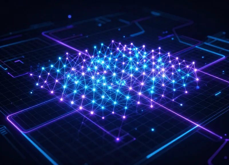 Abstract digital spatial map with glowing nodes and data streams.