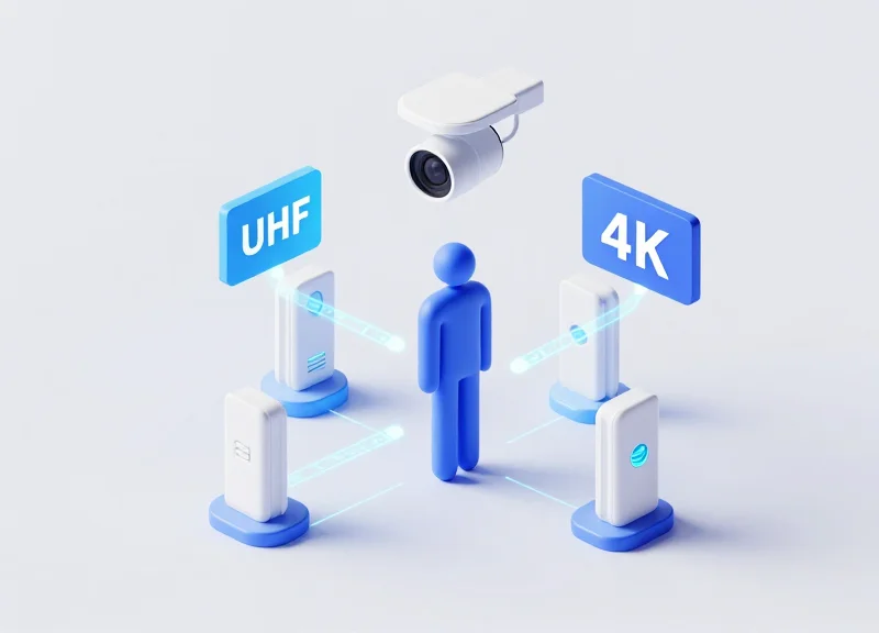 An isometric 3D illustration showing a human figure in a tech environment being detected by a combination of a 4K camera and RFID sensors with glowing data links.