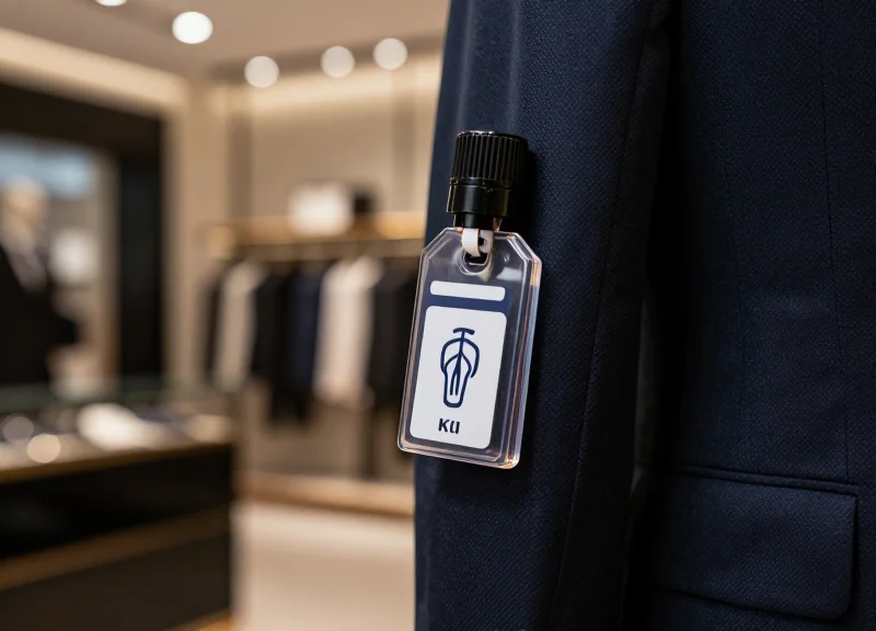 Close-up of a traditional hard security tag on a luxury garment in a modern retail boutique.