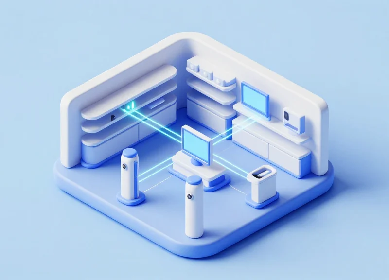 Isometric 3D model of a connected retail security ecosystem including sensors, cameras, and smart shelving.