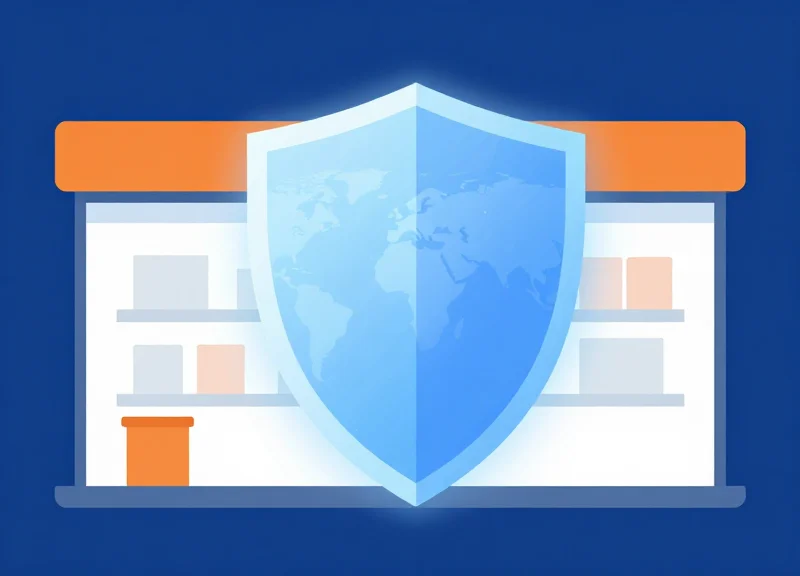 Metaphorical illustration of a digital shield protecting a retail storefront.