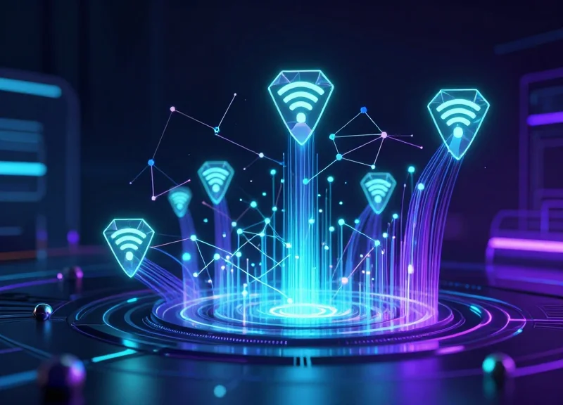 Abstract digital visualization of retail security featuring glowing RFID icons and AI neural network connections in a futuristic dark blue environment.