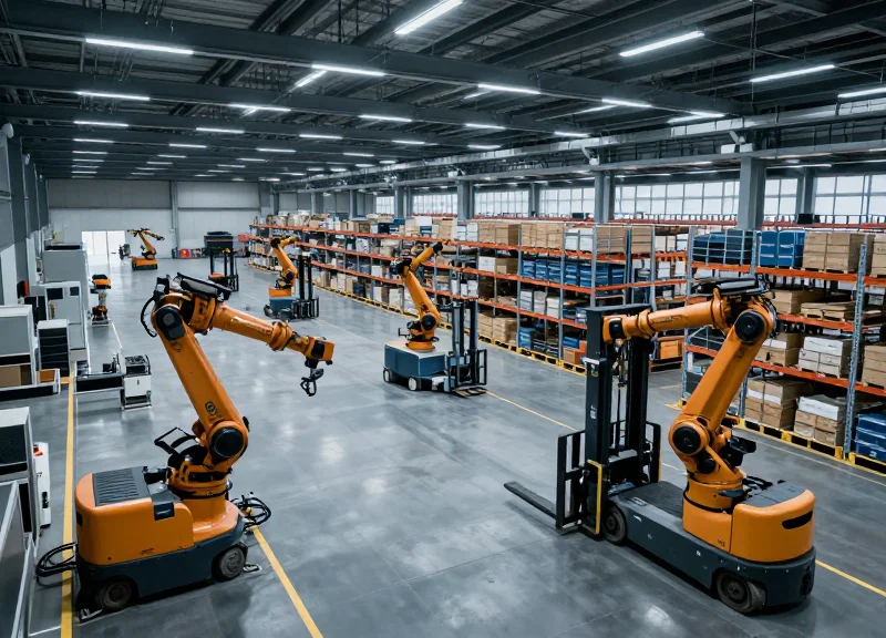 A futuristic automated logistics hub with robotic arms and sleek industrial architecture in 2026.