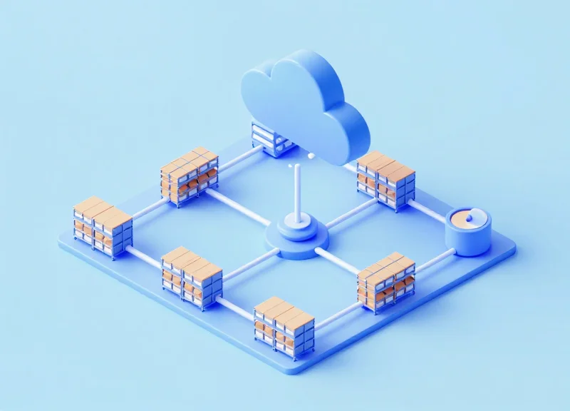 An isometric 3D model showing the connection between a warehouse infrastructure and digital cloud management systems.